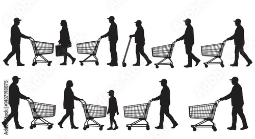 Collection of vector silhouette of different people push shopping cart on white background. Symbol of shop accessories.
