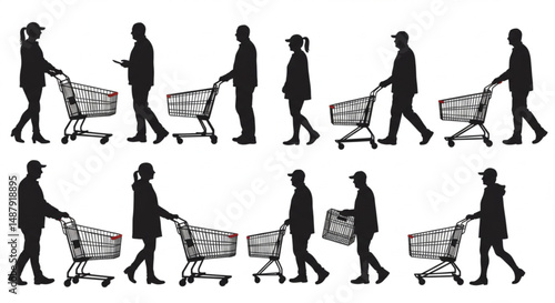 Collection of vector silhouette of different people push shopping cart on white background. Symbol of shop accessories.
