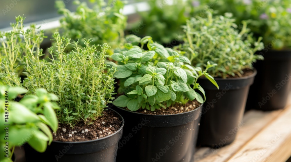 Fototapeta premium Fresh herbs in pots on a windowsill garden