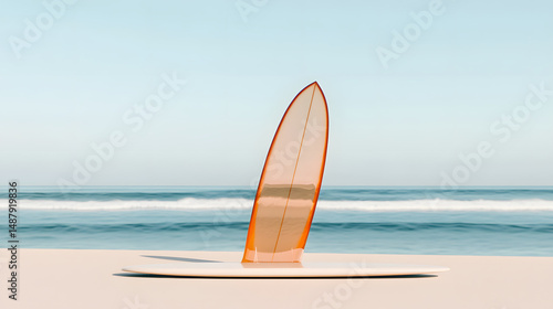 A single surfboard rests elegantly on the wet sand at the edge of the shoreline, its longboard silhouette gently curving with timeless, minimalist grace. The board is a soft off-white, nearly