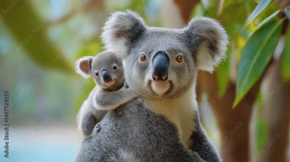 Fototapeta premium Adorable koala mother tenderly cradles her joey, showcasing their soft fur and endearing bond against a lush, green foliage backdrop. : Generative AI