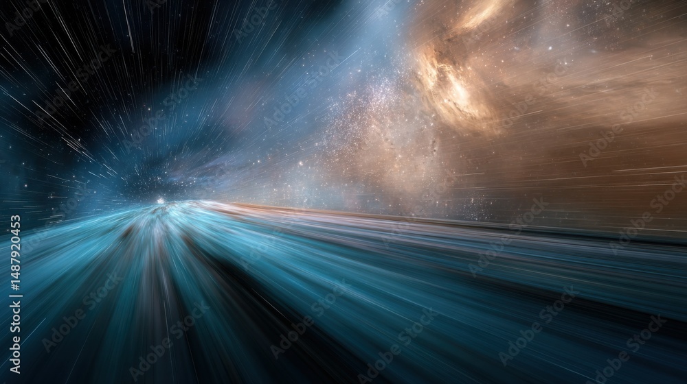 custom made wallpaper toronto digitalHyperspace journey: A vibrant teal and gold nebula landscape unfolds before a speeding spacecraft, streaking across the cosmos with light trails. : Generative AI