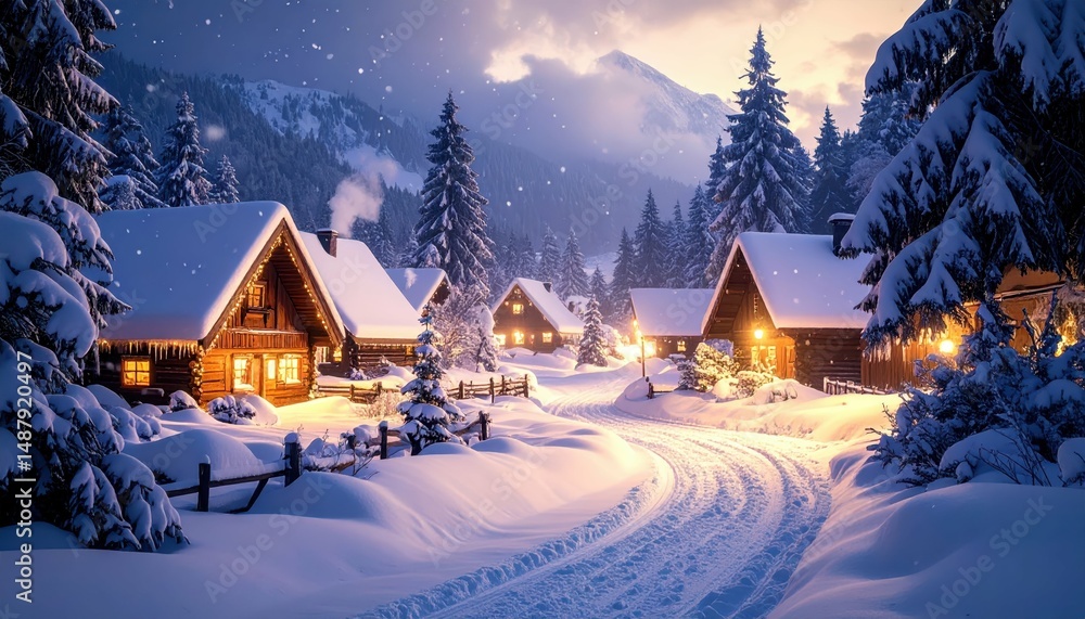 Fototapeta premium Hyperrealistic Blizzard Scene with Snow-covered Town and Cabins