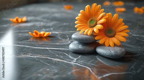 Orange flowers on stacked stones, marble surface, serene scene, interior design, possible use for wellness or spa branding