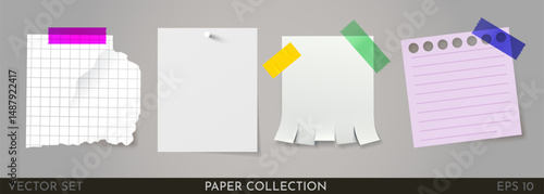 Colored stickers attached with tape. Collection of different sheets of note paper with folded corner, ready for your message. Big set.