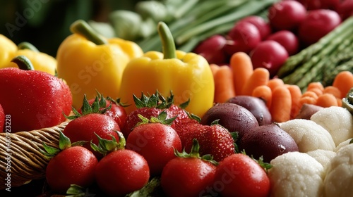 Vibrant assortment of fresh produce, including red and yellow bell peppers, juicy strawberries, ripe tomatoes, and colorful carrots, arranged in a rustic basket. : Generative AI