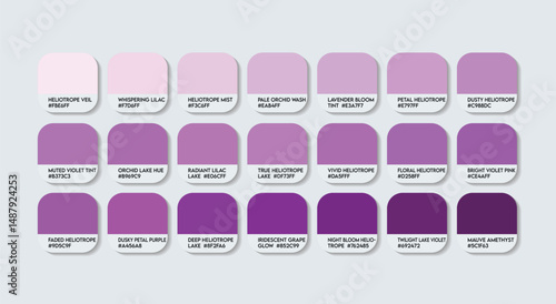 New Heliotrope Lake color Palette. True and Classic Heliotropium Tones Swatch Chart with HEX Codes and Color Names. Deep and Earthy purple Variations. Soft and purple Tints Variants Tones. Heliotrope