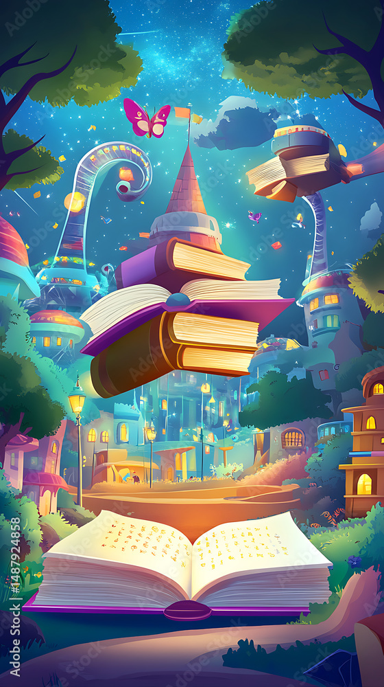 Naklejka premium Enchanted cityscape with floating books, magical creatures, and vibrant colors under a starry sky