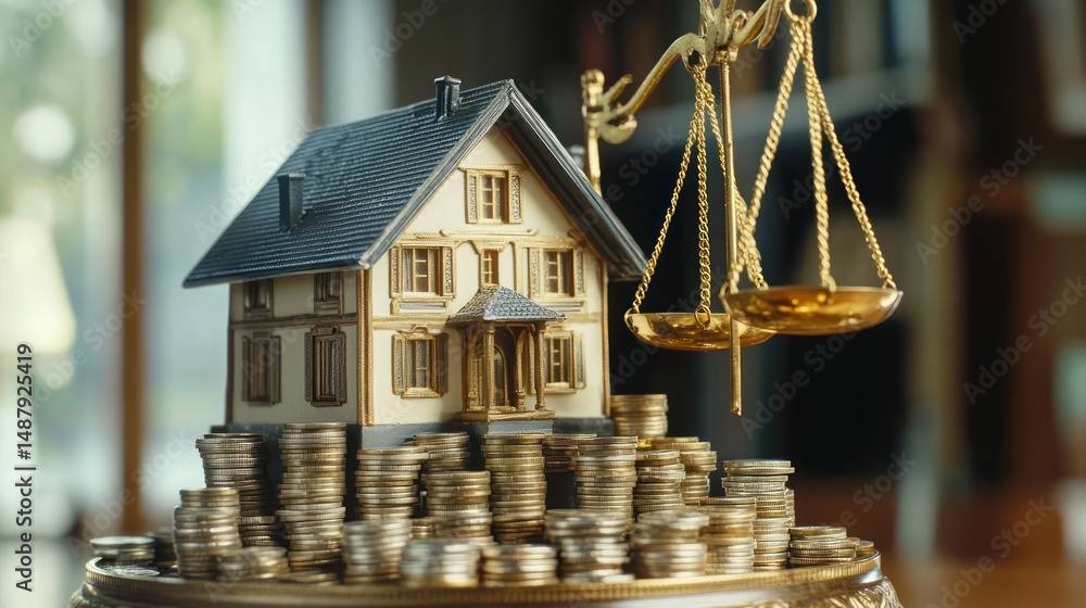 Miniature house on coins with golden scales
