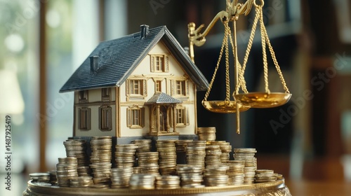 Obraz na płótnie Miniature house on coins with golden scales w salonie