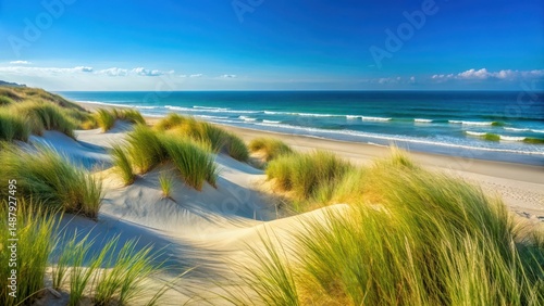 Fototapeta Naklejka Na Ścianę i Meble -  Sandy dunes with beach grass in the foreground, set against a blue ocean background, coastal scenery