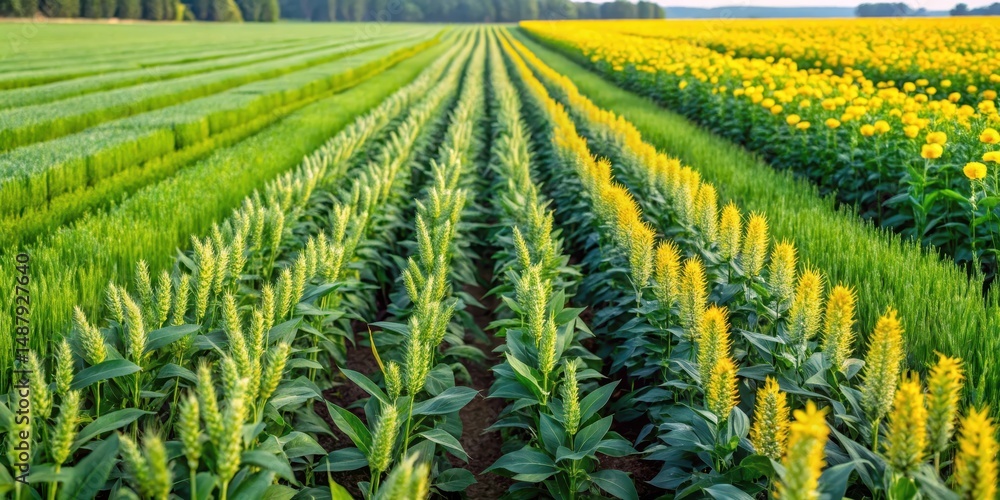 Fototapeta premium Fields of alternating row of wheat and field beans with green foliage and few yellow flowers, crop rotation, farming technique
