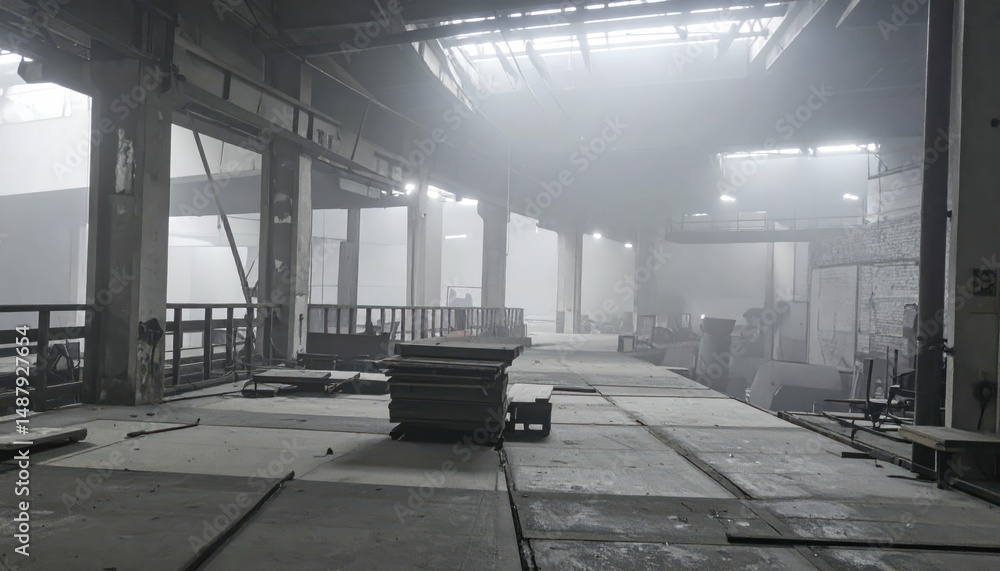 Naklejka premium Misty Warehouse Mezzanine with Industrial Lighting and Messy Atmosphere