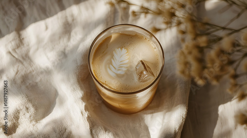Cozy caf lifestyle iced coffee flat lay branding in warm light setting