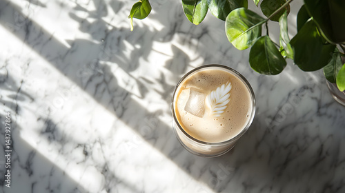 Iced coffee flat lay in a cozy caf warm light lifestyle branding scene