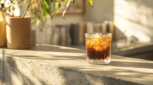 Iced coffee flat lay in a cozy caf with warm light branding lifestyle and comfort