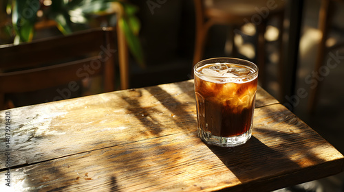 Warm light flat lay of iced coffee in cozy caf embracing lifestyle branding and comfort