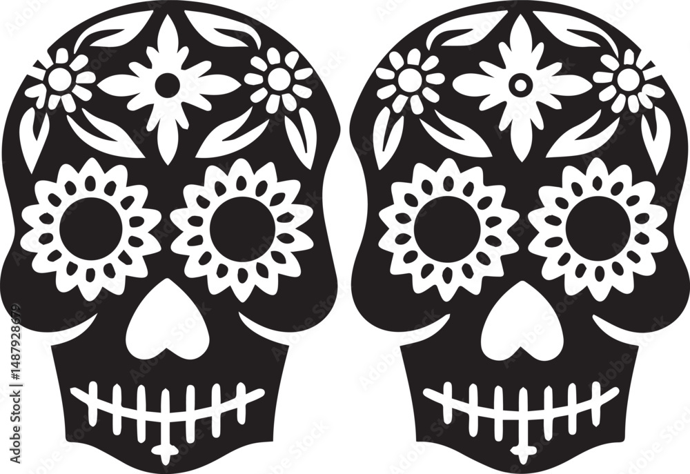 Fototapeta premium Decorative Sugar Skull Vector with Symmetrical Floral Elements