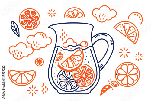 A pitcher of lemonade with lemon slices floating out as little soft-edged clouds and drops