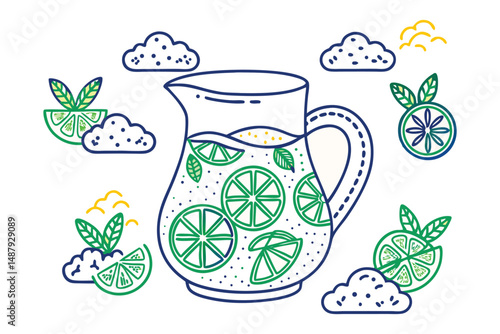 A pitcher of lemonade with lemon slices floating out as little soft-edged clouds and drops