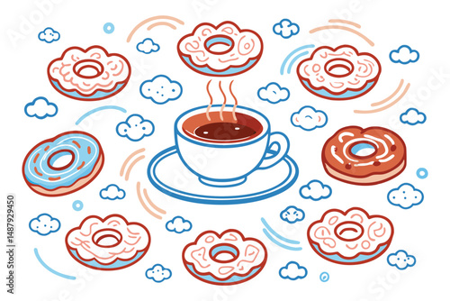 Donuts with icing clouds rotating around a coffee cup in a circular orbital path
