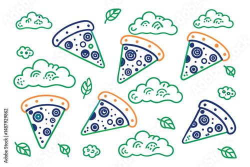 Pizza slices with bubbly, soft cloud-shaped crusts and stylized toppings