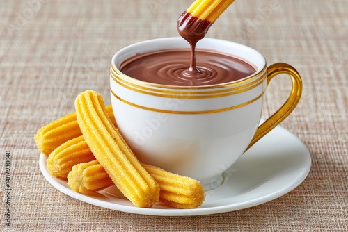 a realistic shot of churros being dipped into hot chocolate