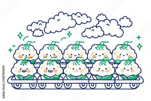 Rows of cream puffs with delicate icing cloud caps marching like a fluffy dessert train