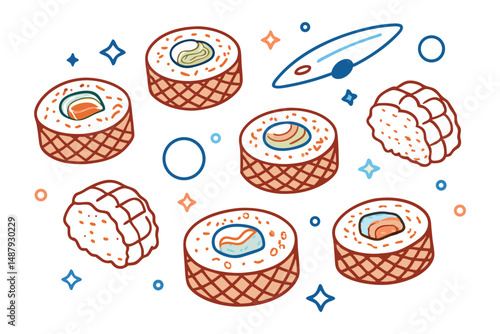 Sushi rolls drawn with pillowy rice and soft-edged fillings orbiting like planets in a clean white sky