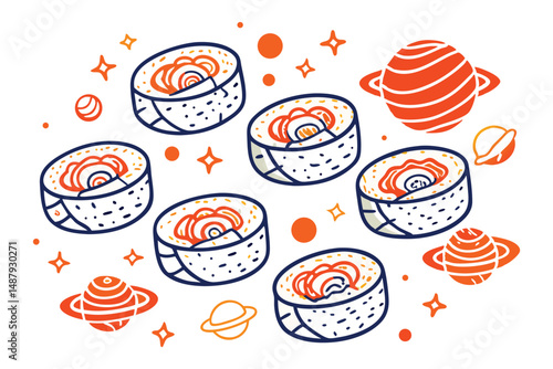 Sushi rolls drawn with pillowy rice and soft-edged fillings orbiting like planets in a clean white sky