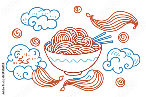 Udon or ramen noodles flowing in soft, cloud-like swirls, topped with puff-edged ingredients