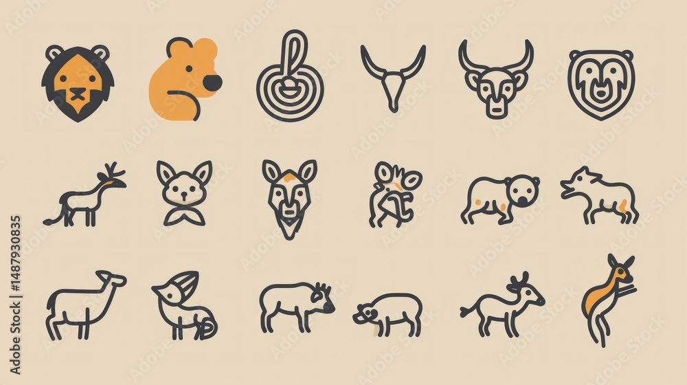 Fototapeta premium Minimalist outline icons of various animals stock photo --ar 16:9 --raw --v 6 Job ID: 92be5ef3-4fda-48e2-805a-b3c55777ef19