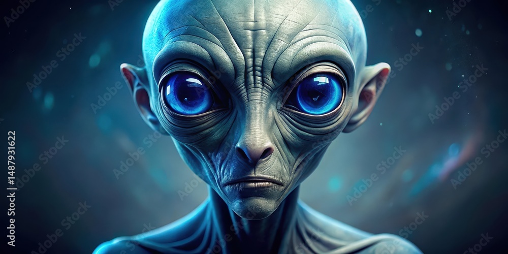 Mysterious blue extraterrestrial being gazes intensely at the camera with large Mysterious blue extraterrestrial being gazes intensely at the camera with large