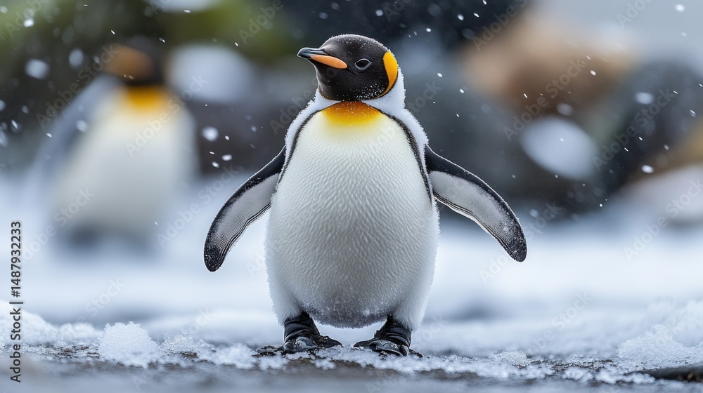 Fototapeta premium A single king penguin chick stands on snow-covered ground, facing right, with snowflakes falling around it; another penguin is blurred in the background. : Generative AI