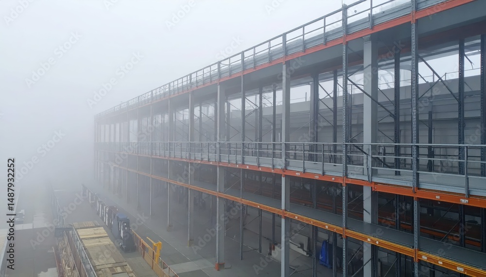 Obraz premium Modern Warehouse Mezzanine with Pallet Racking in Foggy Environment