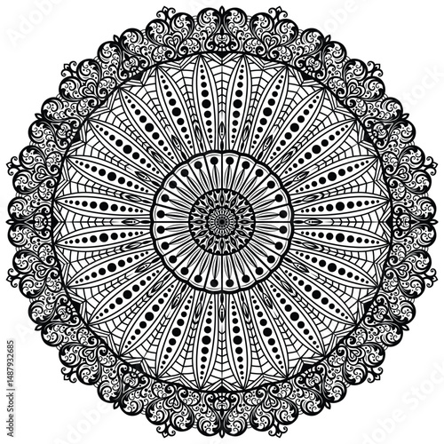 Floral henna or mehndi style mandala design. Decorative pattern in oriental style. Tatoo coloring book page.    