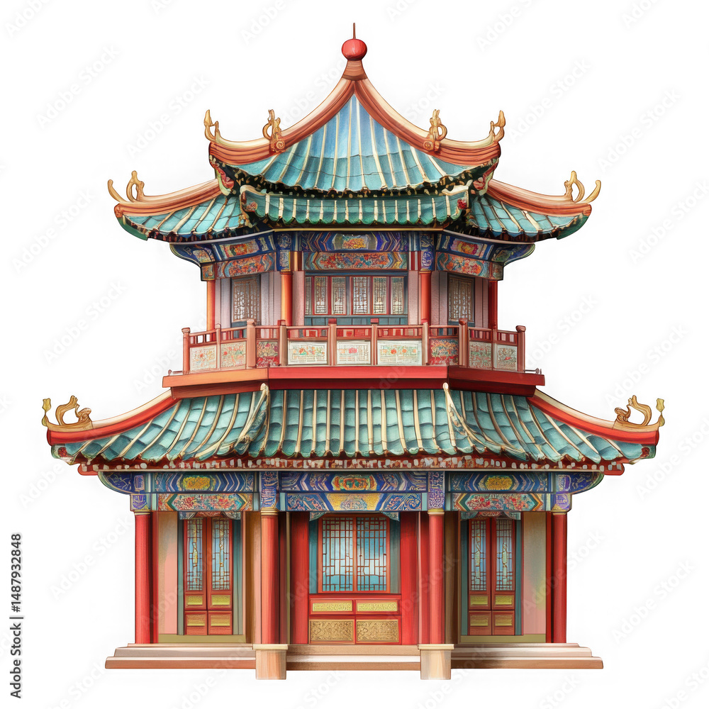 Naklejka premium Asian pagoda temple architecture design on white background on transparent background