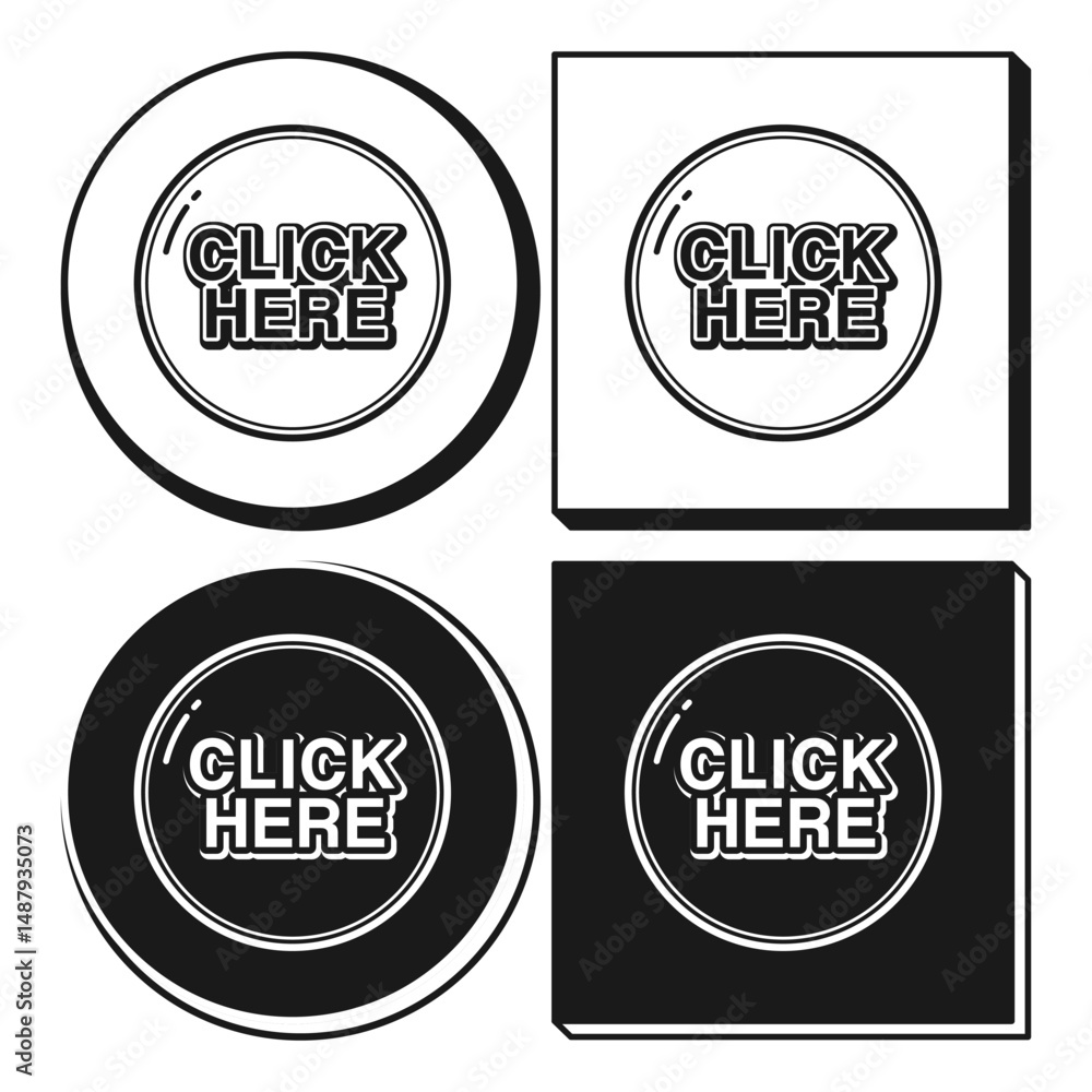 Obraz premium Click Here Button Flat Black and Outline Style. Simple Click Here Button. Button Icon on White Background.