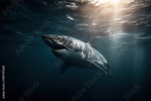 Majestic great white shark swimming gracefully in the deep ocean, sunlight filtering through the water, creating a dramatic underwater scene. : Generative AI