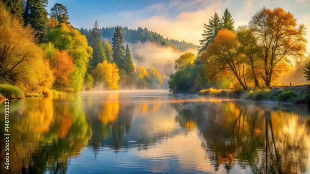 Obraz premium Misty dawn on the Rogue River with golden light reflecting off the calm water surrounded by lush green trees and vibrant fall foliage, serene landscape, riverbank