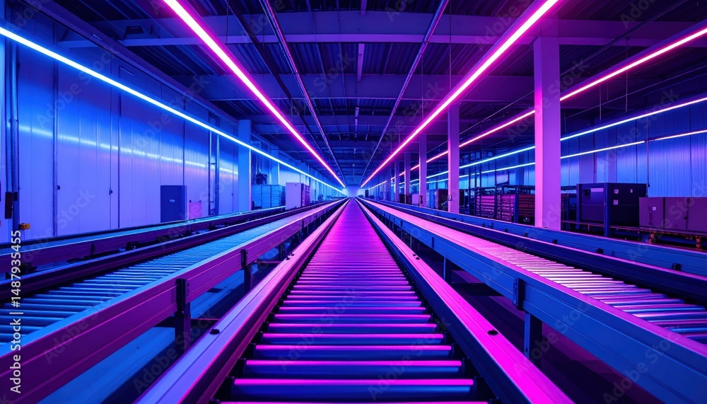Fototapeta premium Neon-Lit Refrigerated Warehouse with Dramatic Shadows and Conveyor Belts