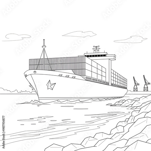 cargo ship with containers standing still near the seashore coloring page 