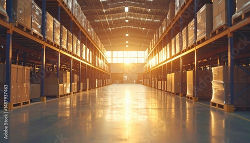 Wallpaper Mural Organized Fulfillment Center with Pallet Racking During Golden Hour Torontodigital.ca