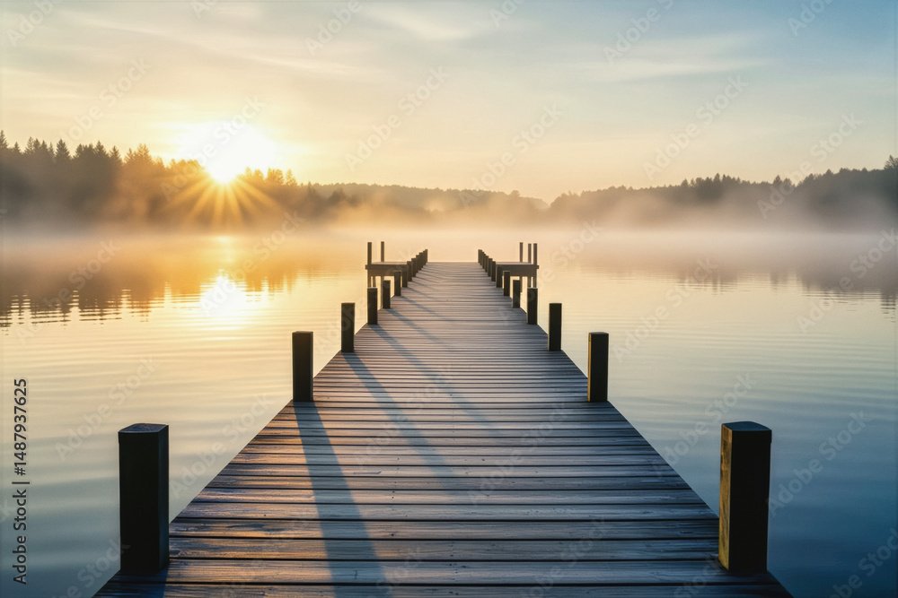 Fototapeta premium A wooden pier extends into a misty lake, bathed in the warm light of a rising sun.