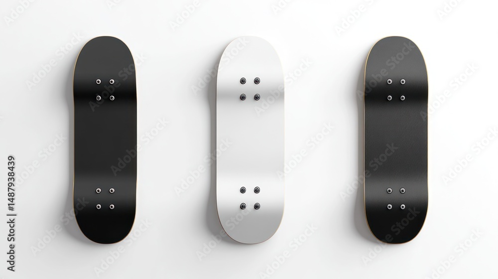 Three blank skateboards on a white wall