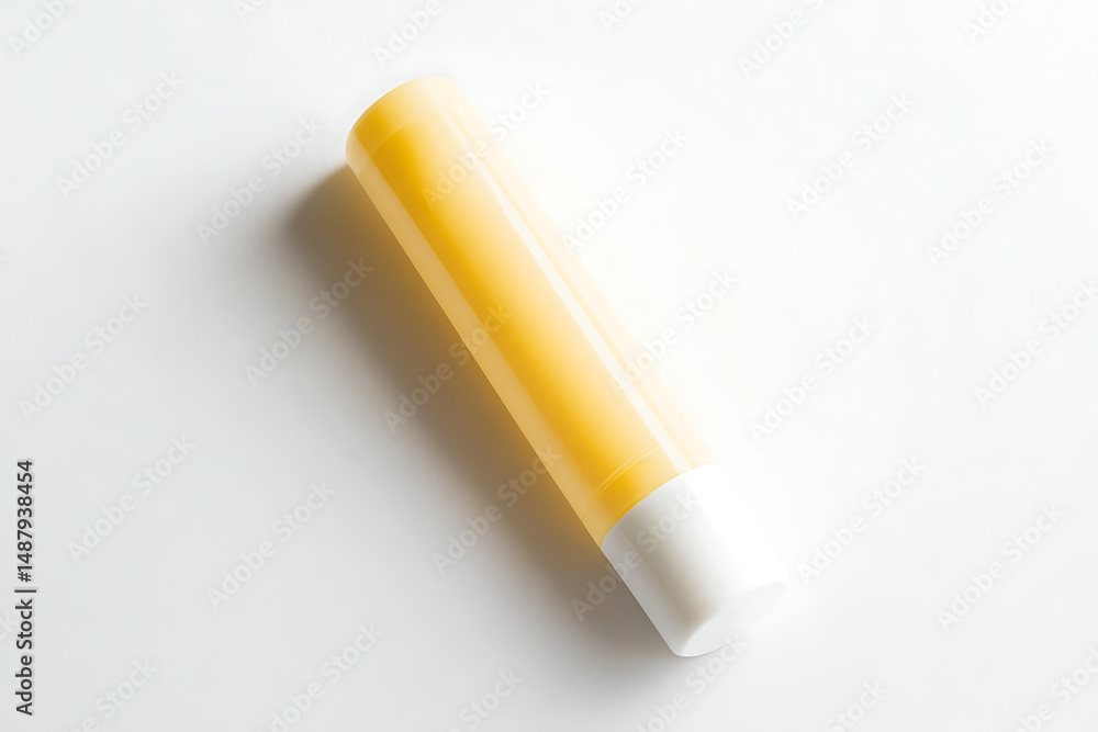 Bright yellow tube on a white surface, showcasing a clean and modern design for skincare use Bright yellow tube on a white surface, showcasing a clean and modern design for skincare use