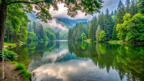 A serene mountain lake surrounded by lush greenery and towering trees of Lesny szlak w Bieszczadach