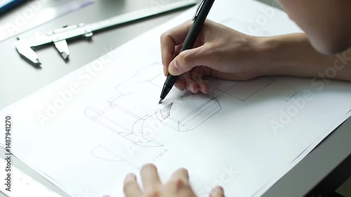 Focused Industrial Designer Sketching Innovative Product in Modern Studio