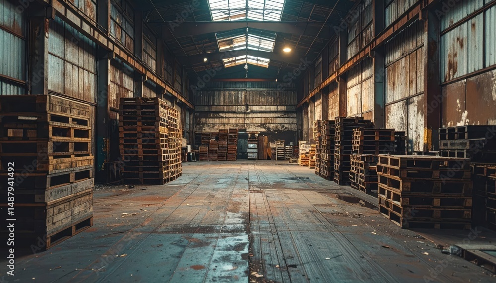 Stacked Wooden Pallets in a Rustic Cargo Warehouse Setting Stacked Wooden Pallets in a Rustic Cargo Warehouse Setting