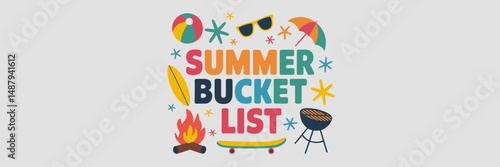 Vector illustration of summer bucket list with activities around text – Ideal for social media graphics, DIY project sheets, or digital summer planners
